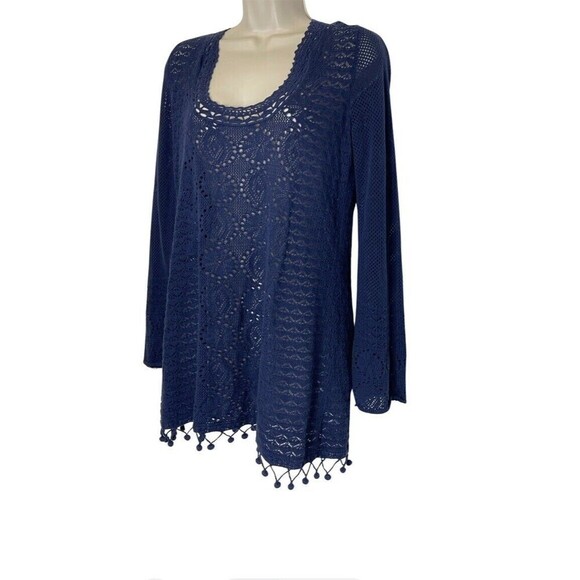LILLY PULITZER Athena Tunic Size M Navy Crochet Long Sleeve Sheer Resort Beach - Picture 3 of 11